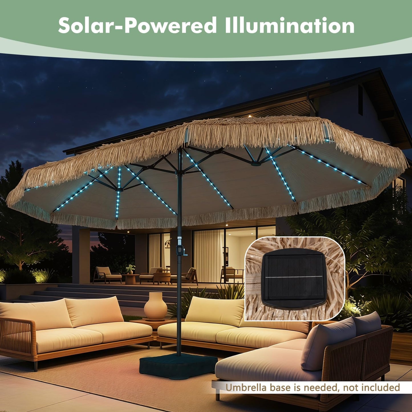 Tangkula 15 FT Solar Tiki Patio Umbrella with Base Included | Thatched PE Grass