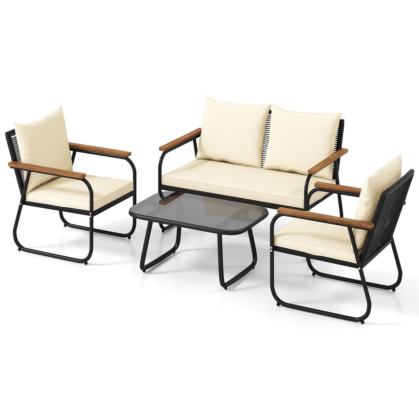 Tangkula Wicker Patio Furniture Set Outdoor Conversation Set with Tempered Glass Coffee Table