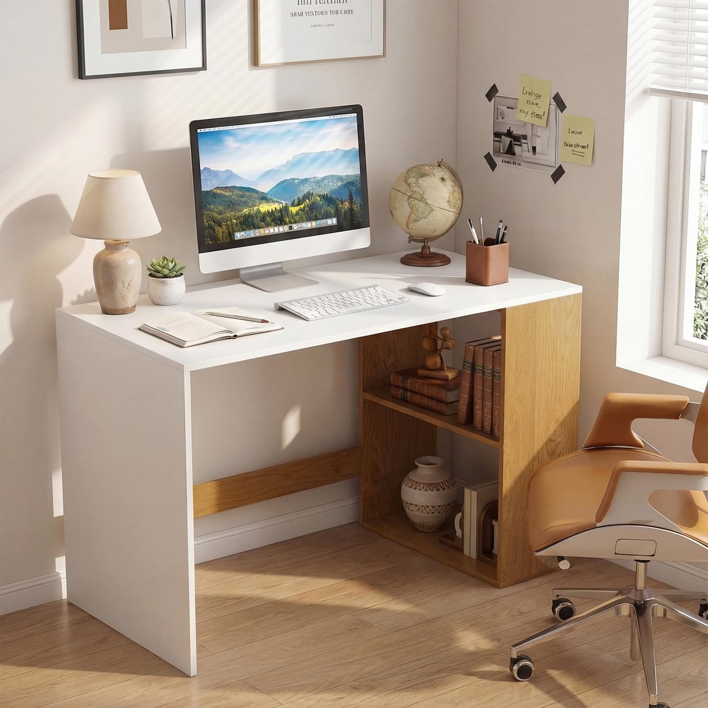 Tangkula Bureau d'ordinateur 112 cm pour domicile/bureau avec étagère à 2 niveaux en bois