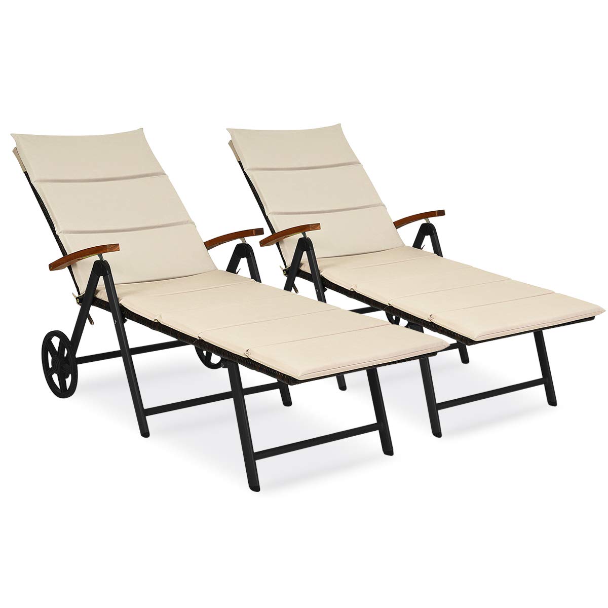 Tangkula Foldable Outdoor Chaise Lounger, Wicker Lounger Chair with Aluminum Black Frame, Wheels for Easy Moving