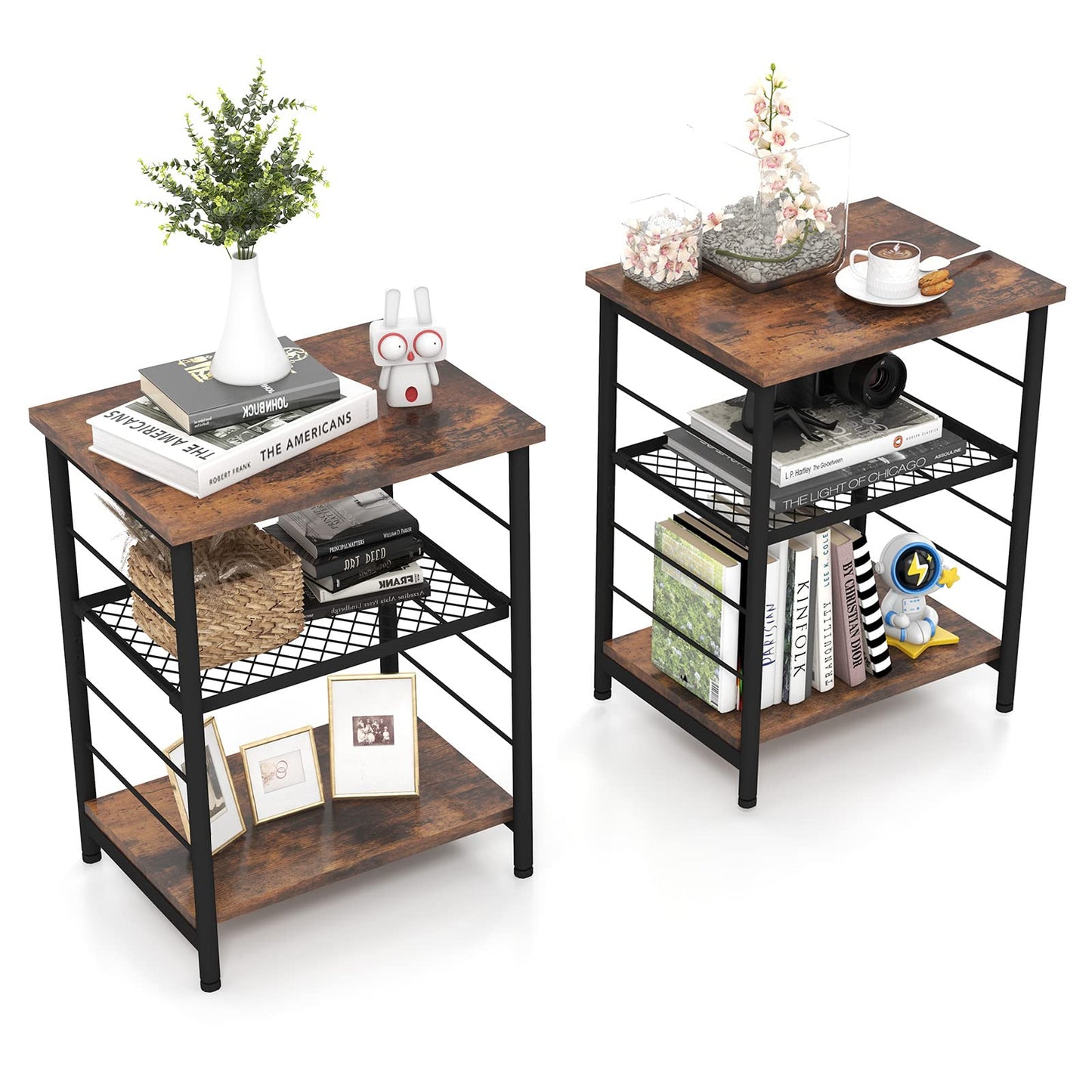 Tangkula Industrial End Table 3-Tier Side Table with Height Adjustable Metal Mesh Shelf