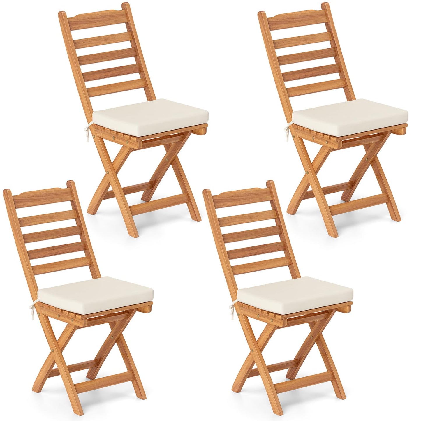 Tangkula Patio Folding Chairs Set, Acacia Wood Slatted Dining Chairs w/Soft Seat Cushion