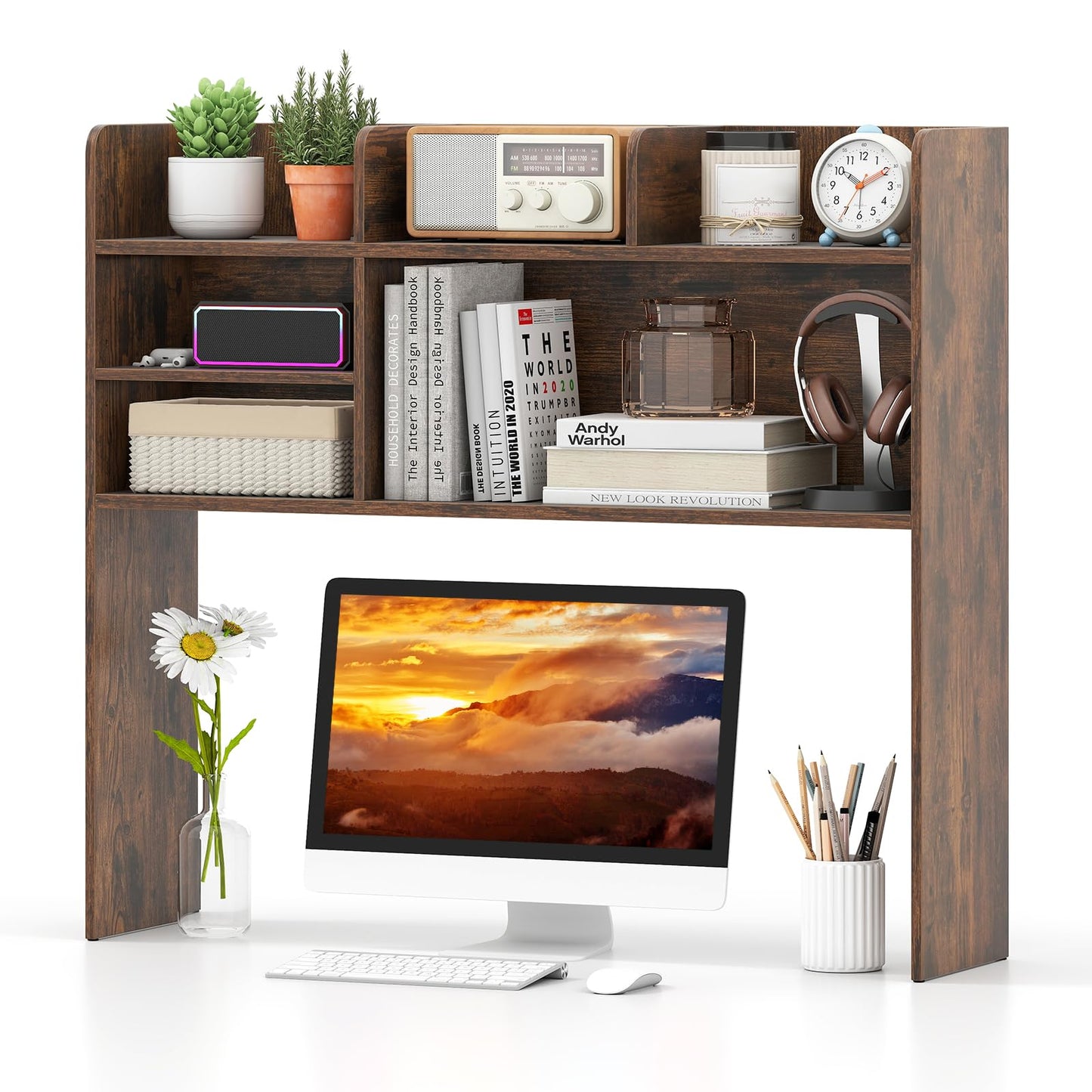 Tangkula Desktop Bookshelf Countertop Storage Hutch with 6 Storage Shelves