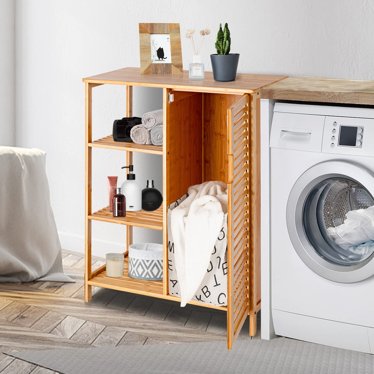 Tangkula Bamboo Bathroom Floor Cabinet for Living Room Kitchen Hallway