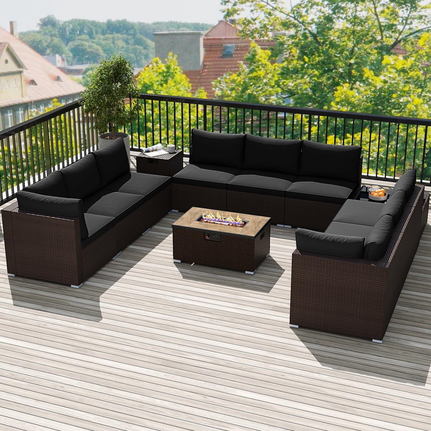 Tangkula 12 Pieces Patio Wicker Sectional Sofa Set with 40,000 BTU Propane Fire Pit Table