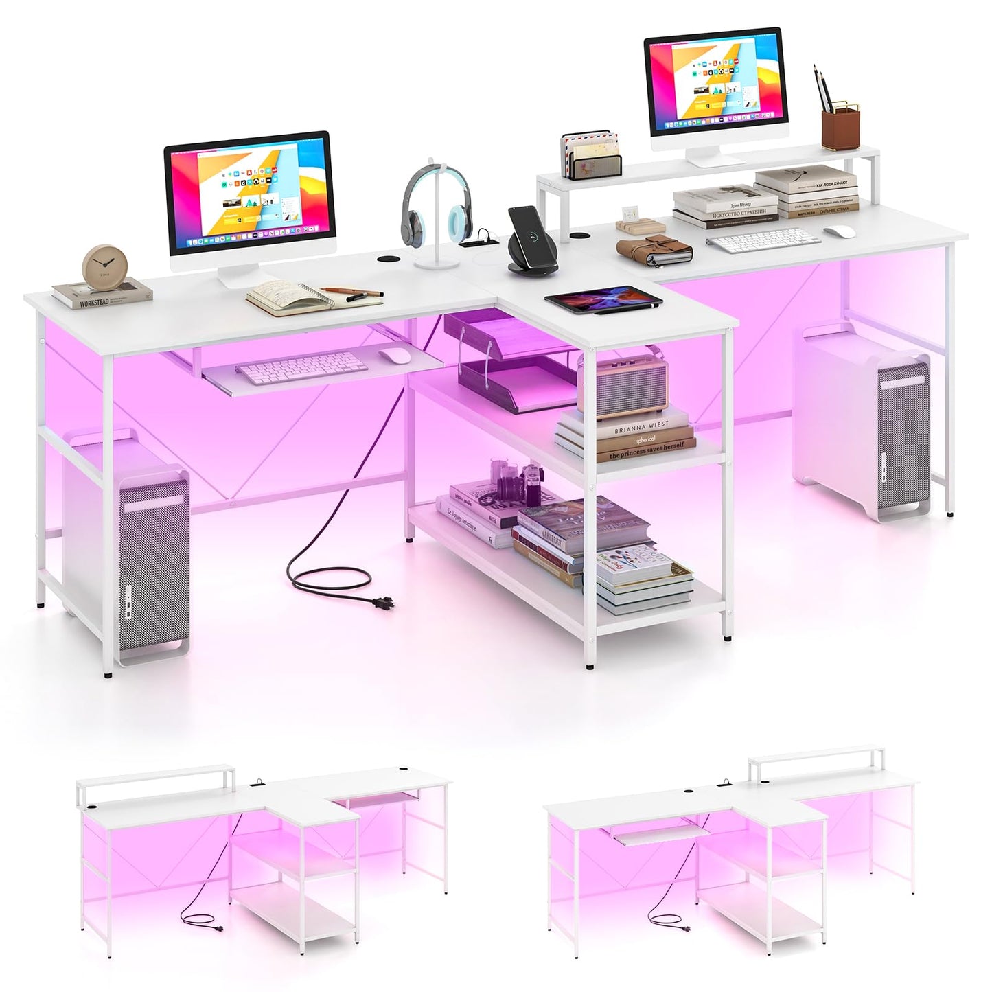 Bureau d'ordinateur réversible Tangkula pour 2 personnes avec lumières LED, bureau de 240 cm de long avec prises de courant