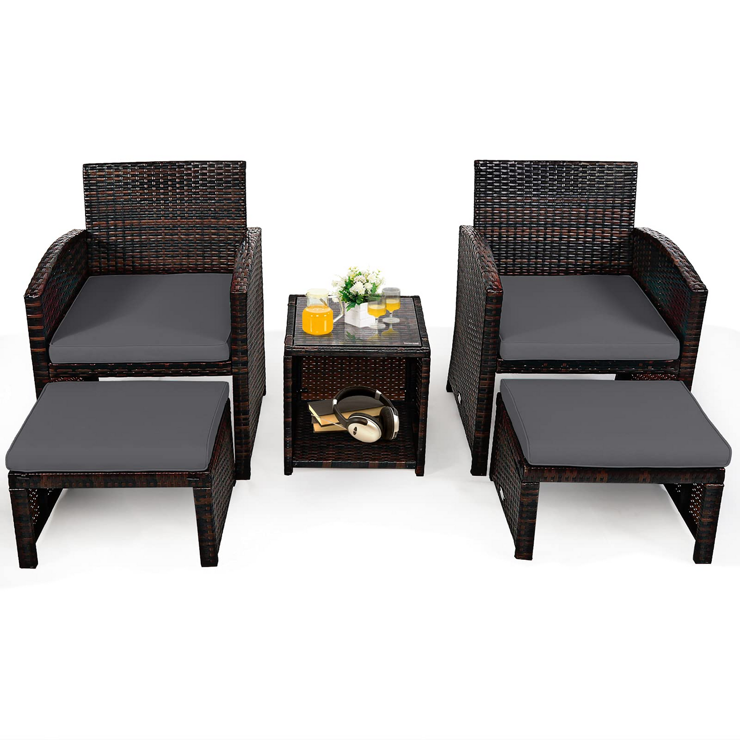 Tangkula 5 Pieces Patio Rattan Furniture Set, Outdoor Conversation Set