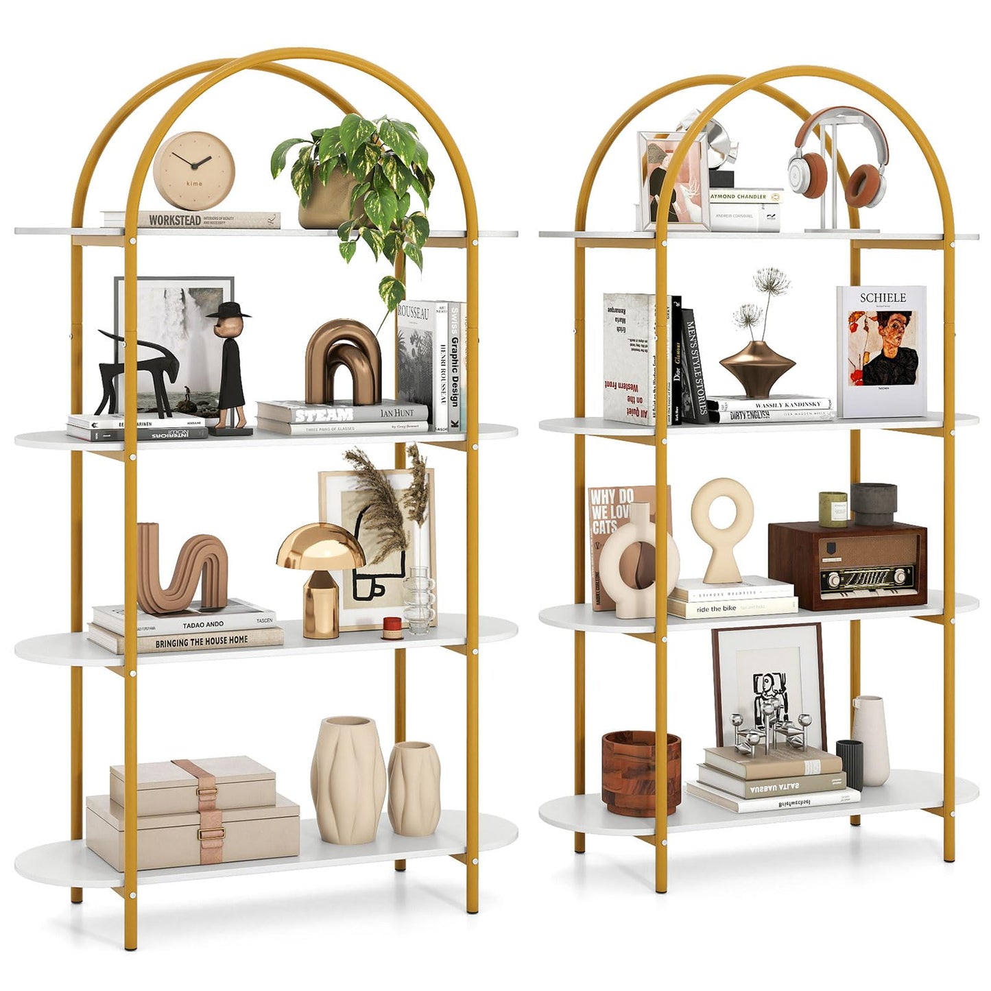 Tangkula 4 Tier Arched Bookshelf 61.5” Industrial Modern Freestanding Storage Rack (1 Pack/2 Pack)