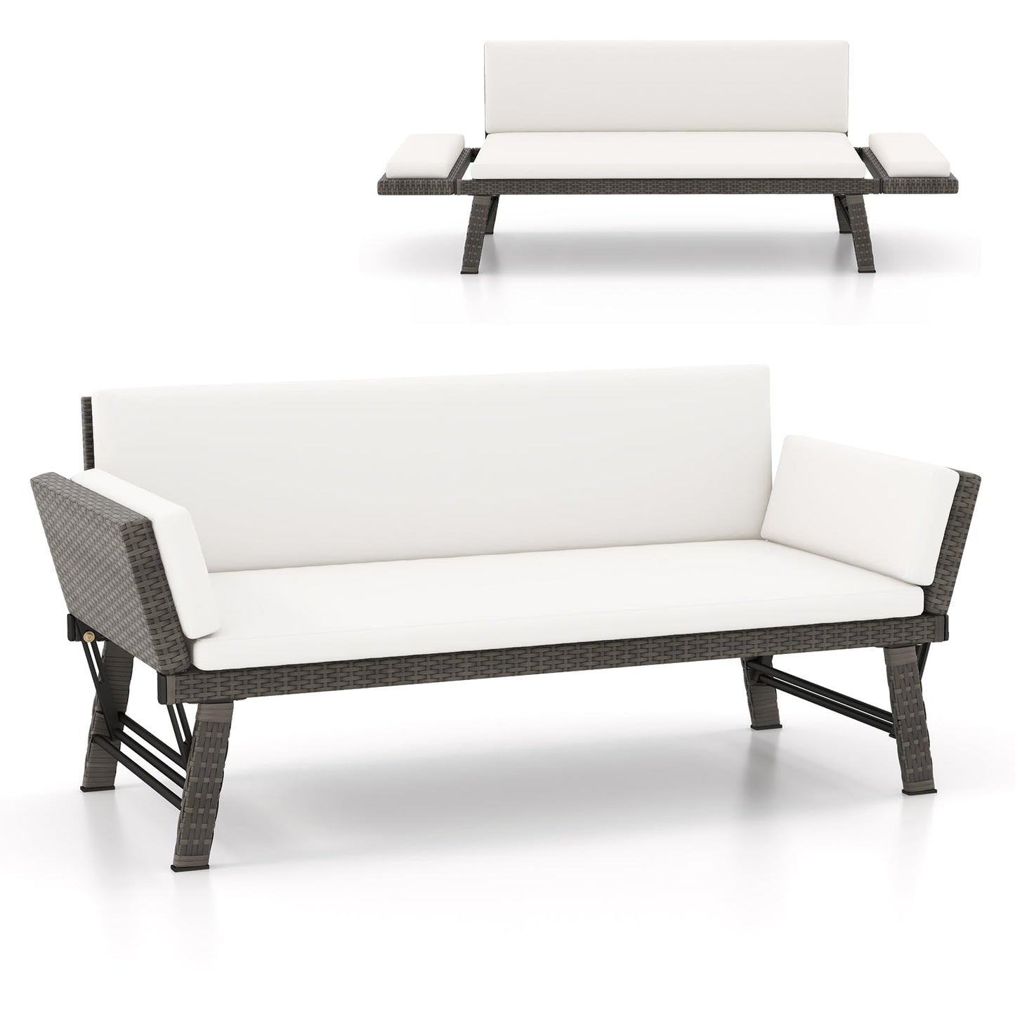 Tangkula Outdoor Convertible Sofa Daybed with Adjustable Armrests, PE Rattan Patio Couch Furniture with Thick Cushions