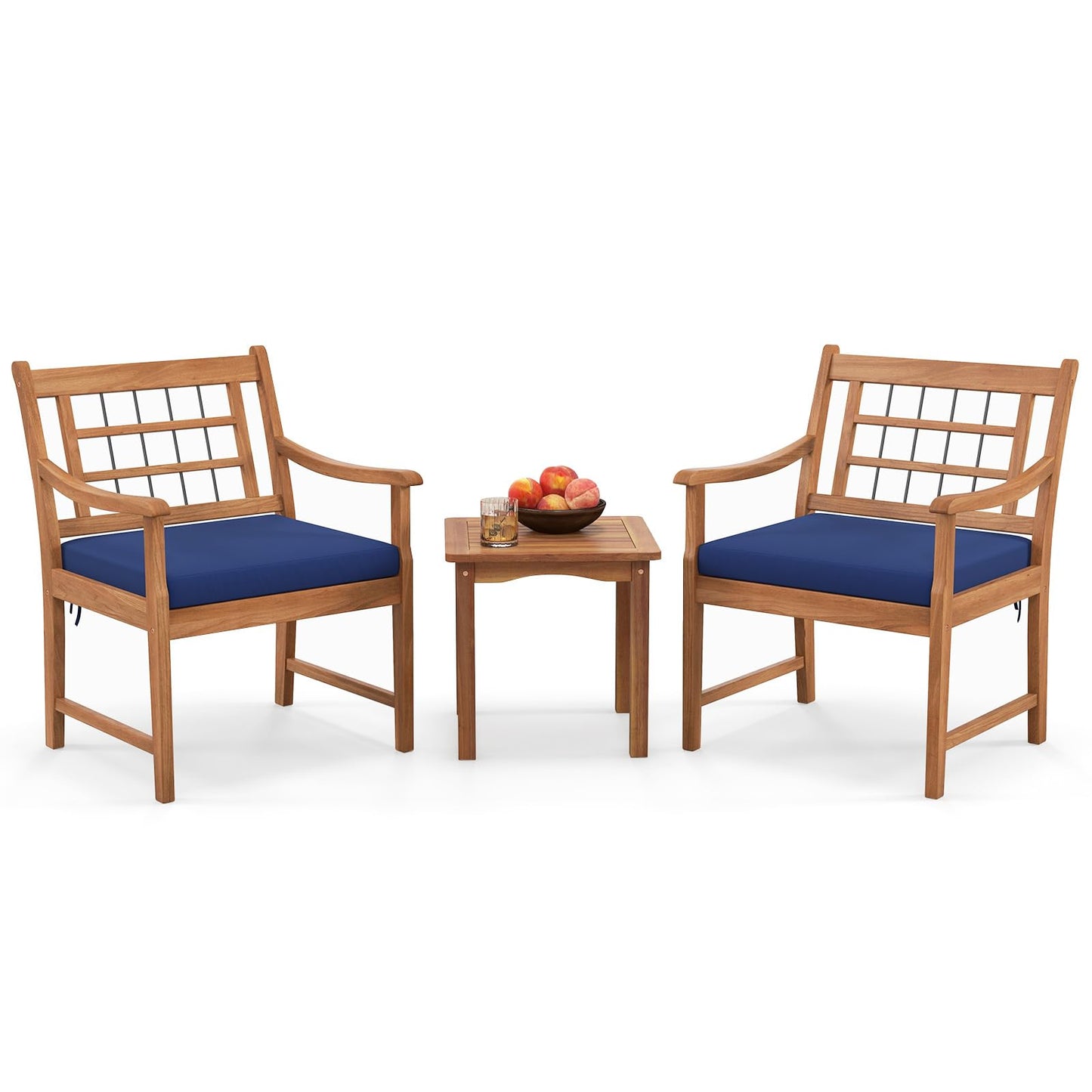 Tangkula 3 Piece Wood Patio Furniture Set, Outdoor Bistro Set w/Soft Seat Cushions
