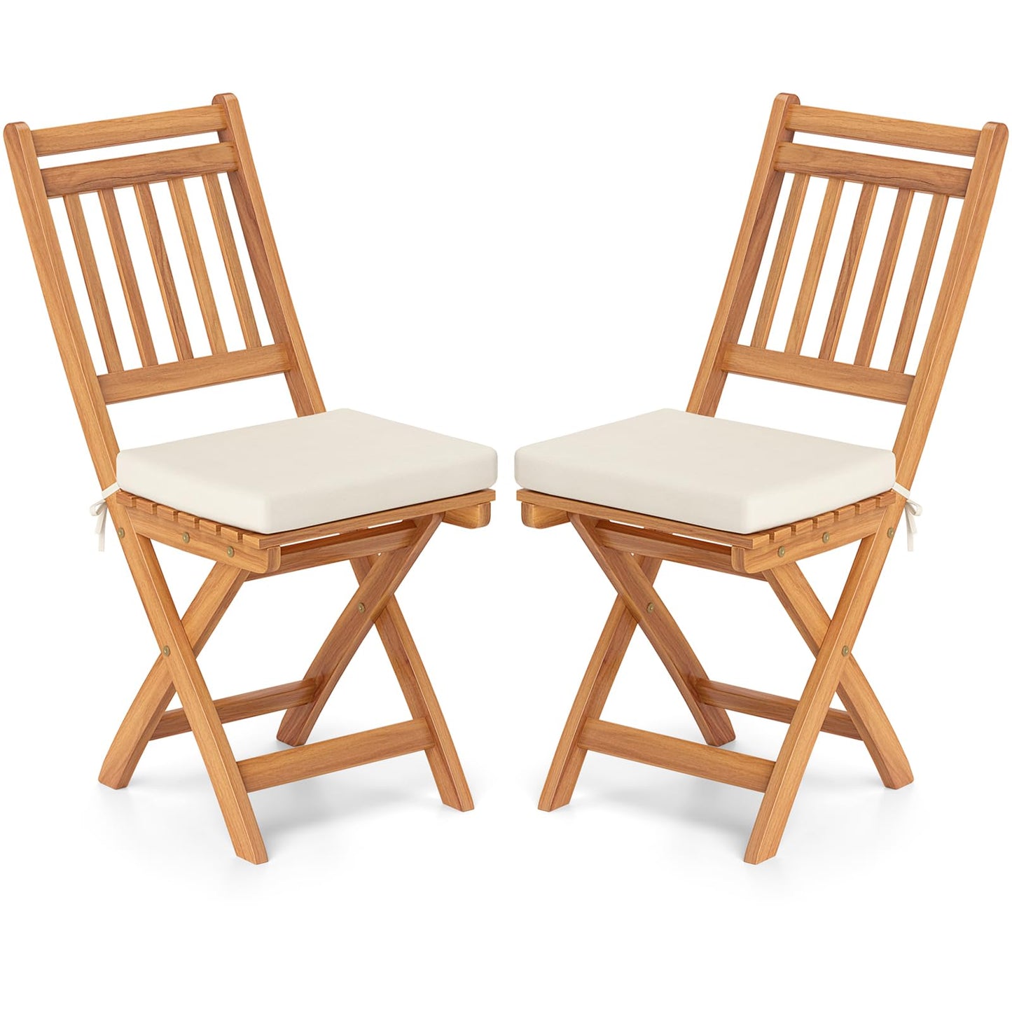 Tangkula Patio Folding Chairs Set, Acacia Wood Slatted Dining Chairs w/Soft Seat Cushion