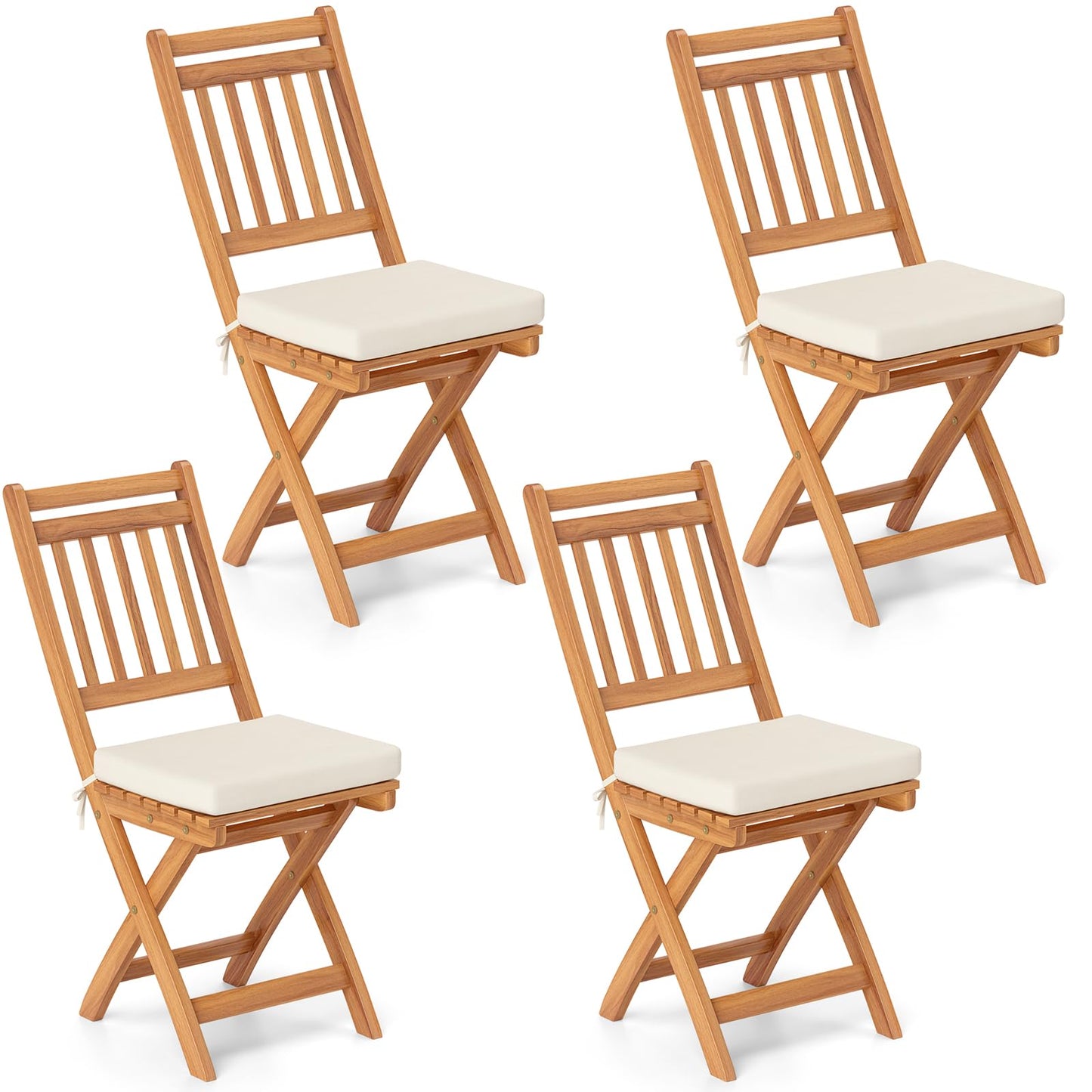 Tangkula Patio Folding Chairs Set, Acacia Wood Slatted Dining Chairs w/Soft Seat Cushion