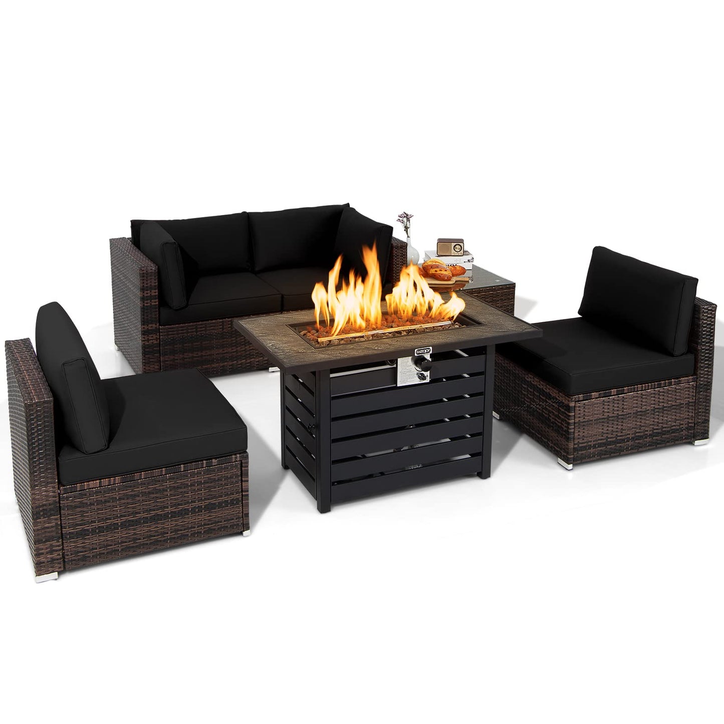 Tangkula 6-Piece Outdoor Wicker Conversation Set with 42 Inches Propane Fire Pit Table
