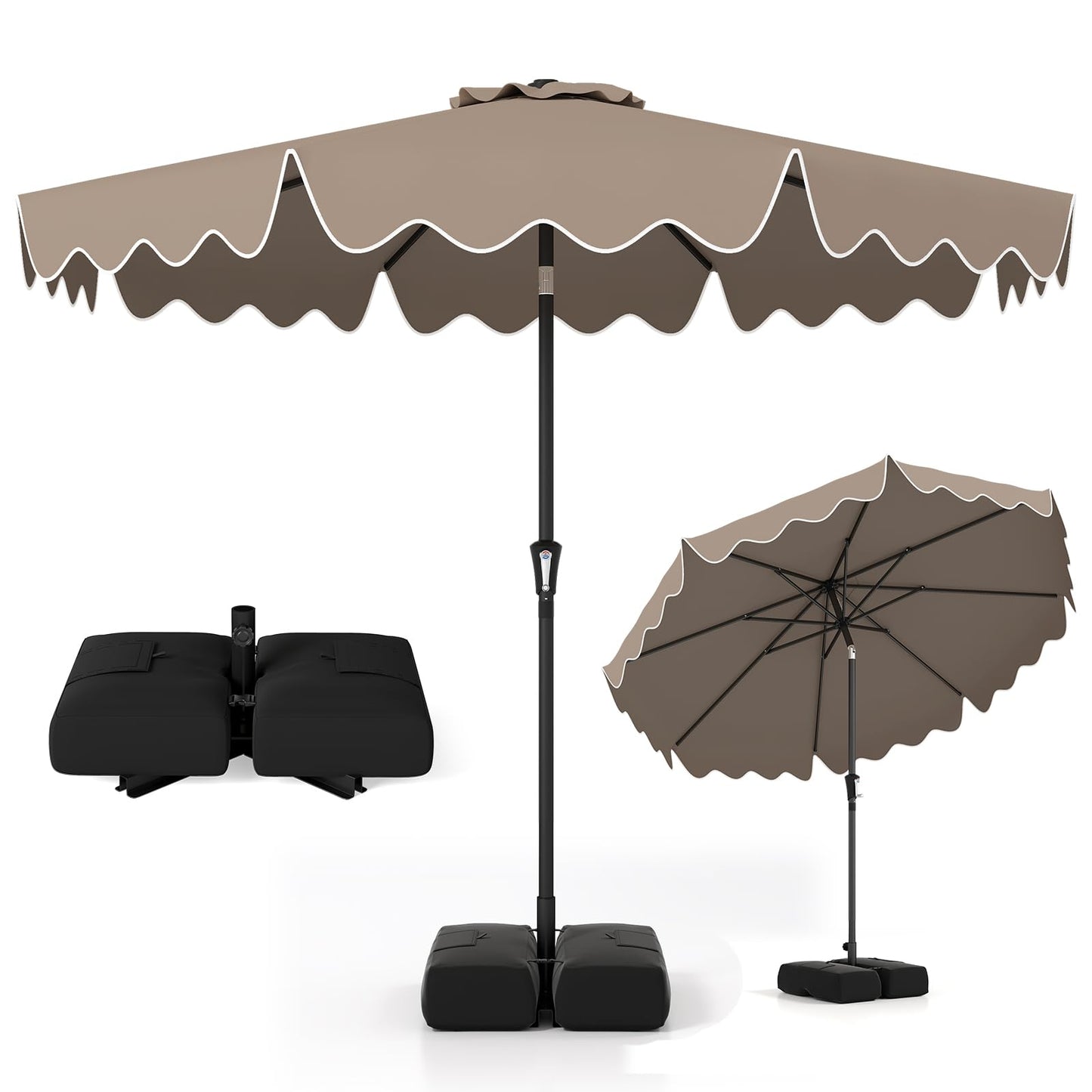 Tangkula 9 FT 2-Tiers Outdoor Scalloped Table Umbrella with Base Included