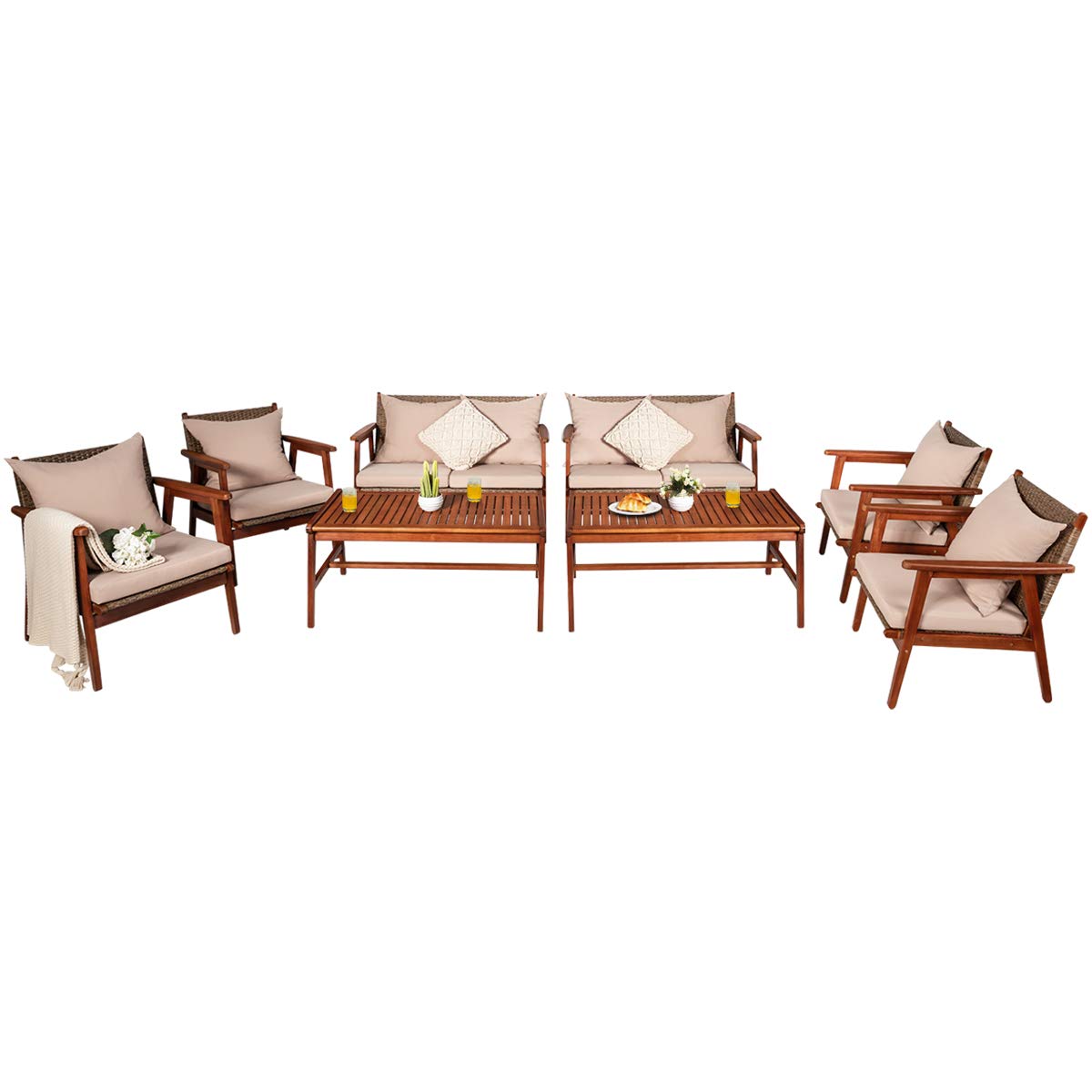4/8PCS Patio Wood Sofa Set, Outdoor Acacia Wood Seating Chat Set with Cushions & Coffee Table