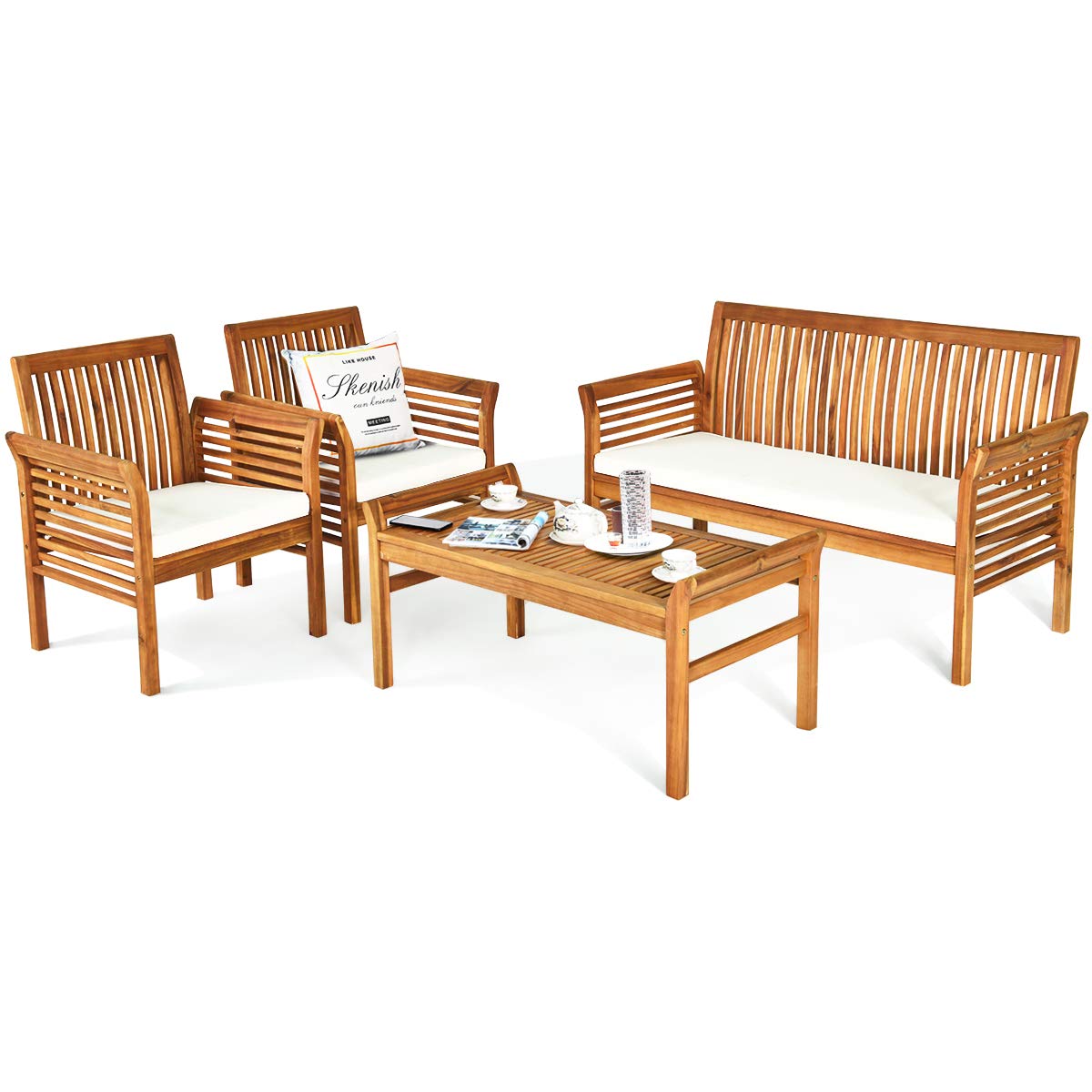 Tangkula 4 Piece Outdoor Acacia Wood Sofa Set