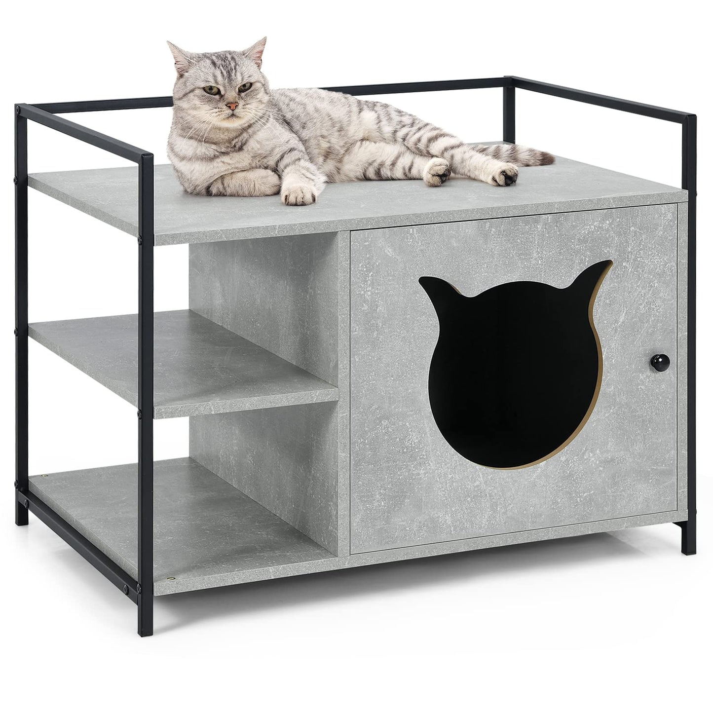 Tangkula Cat Litter Box Enclosure 2 in 1 Hidden Washroom & Nightstand With 2 Tier Storage Shelf