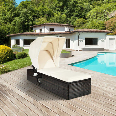 Chaise longue d'extérieur avec auvent pliant, transat réglable rembourré avec tablette escamotable