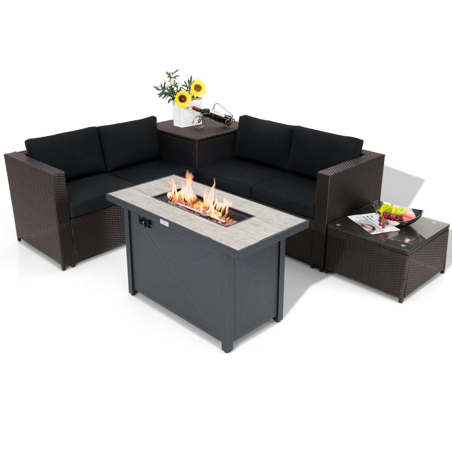 Ensemble de mobilier de patio Tangkula 5 pièces avec table de foyer au propane de 42 pouces, ensemble de conversation extérieur en osier avec coussins