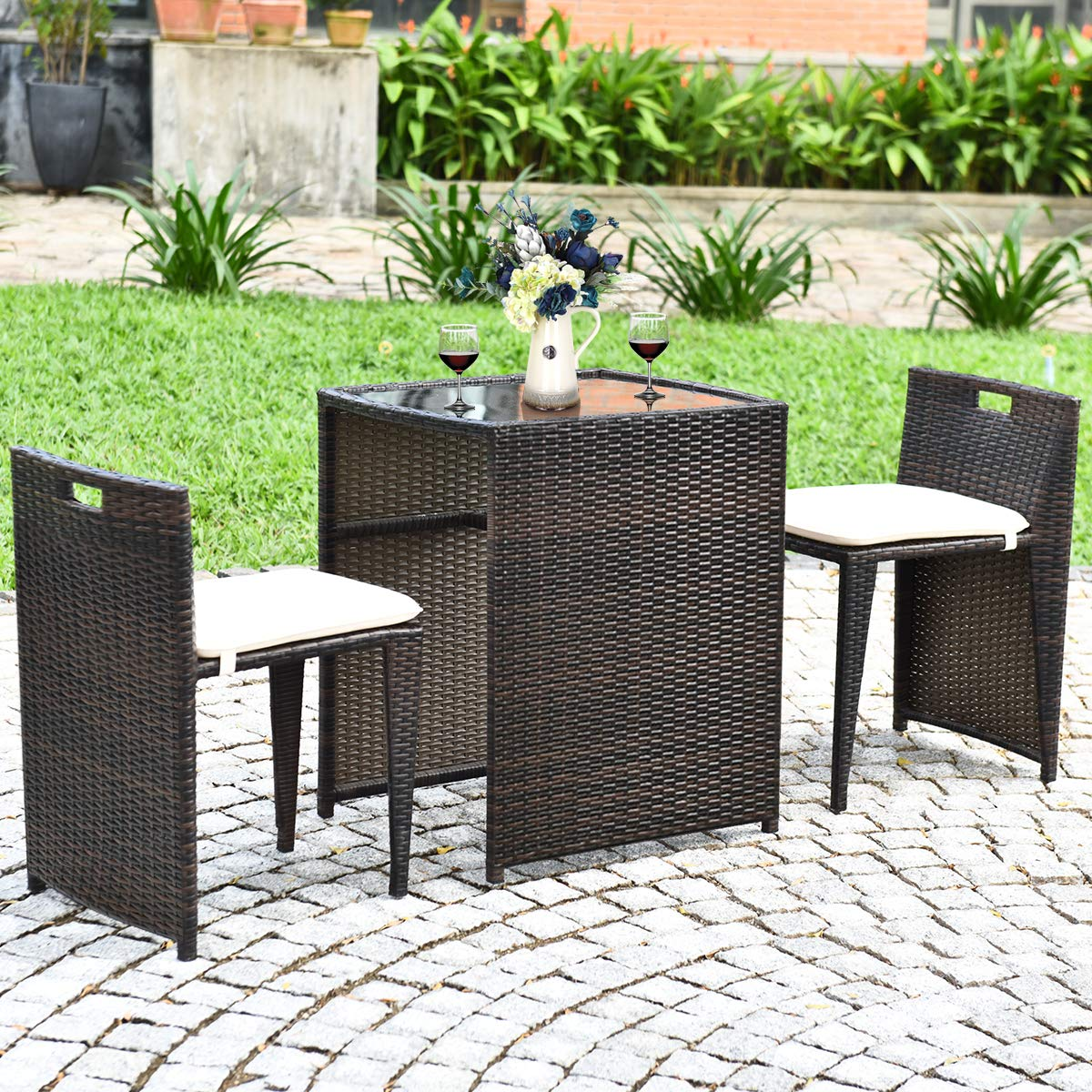 3 PCS Outdoor Rattan Dining Set - Tangkula