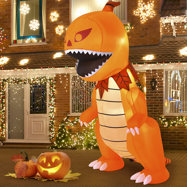 Tangkula Dinosaure gonflable Halloween de 2,4 m avec tête de citrouille, grand dinosaure gonflable Halloween avec lumières LED et 4 piquets