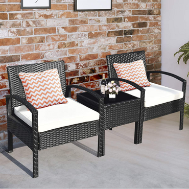 Tangkula 3 Piece Patio Conversation Set, Outdoor Rattan Sofa Set with White Seat Cushions & Coffee Table