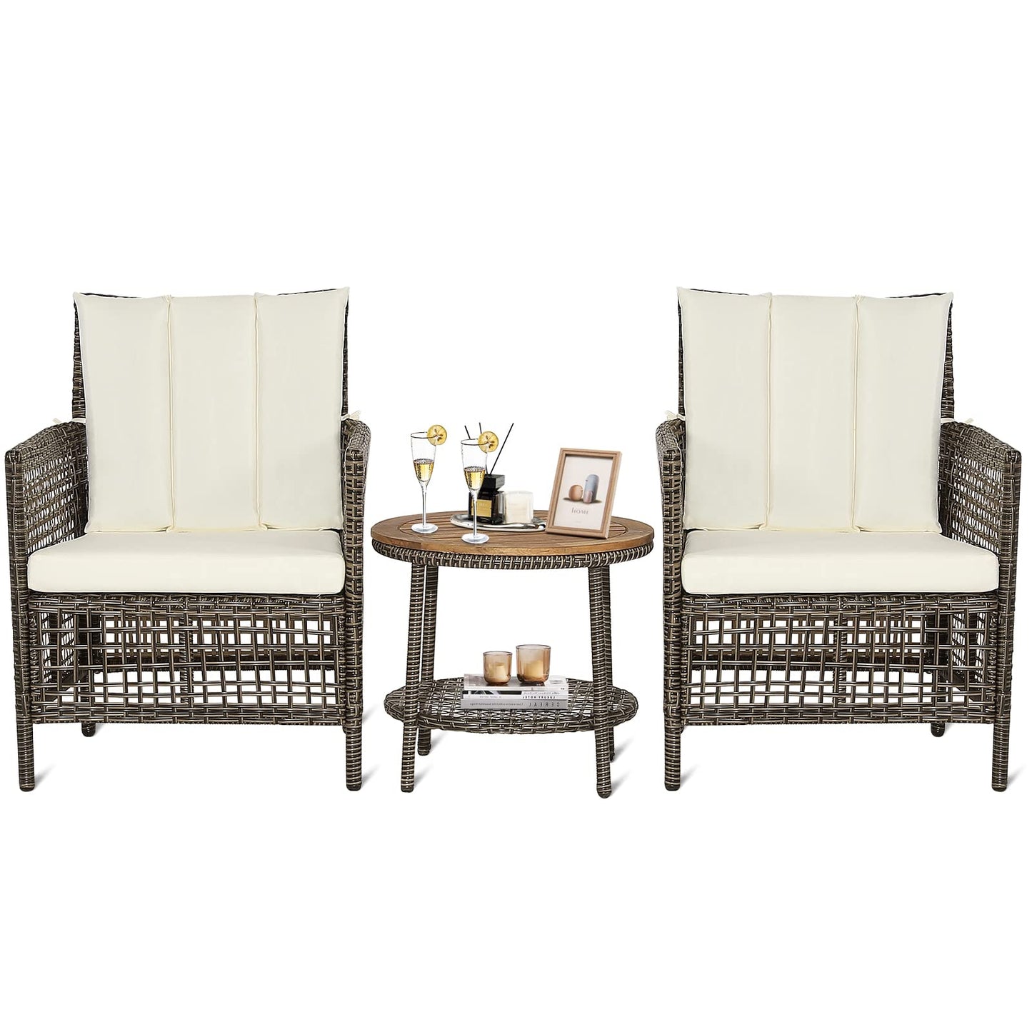 Tangkula 3 Piece Patio Conversation Set, Outdoor Rattan Chair Set W/ 2-Tier Coffee Table (Off White)