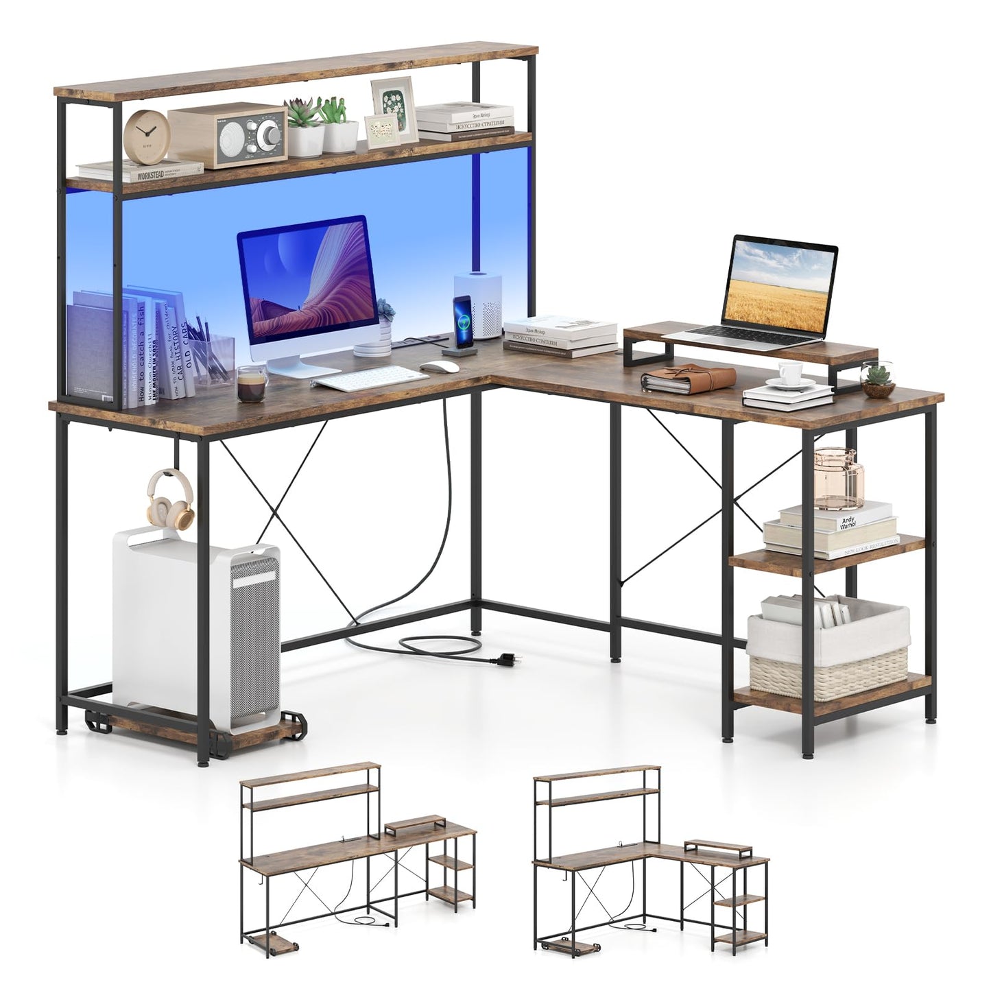 Tangkula L-Shaped Desk with LED Strip & Power Outlets