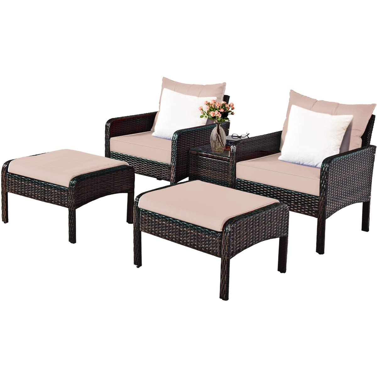 Tangkula Wicker Furniture Set 5 Pieces PE Wicker Rattan Outdoor All Weather Cushioned Sofas
