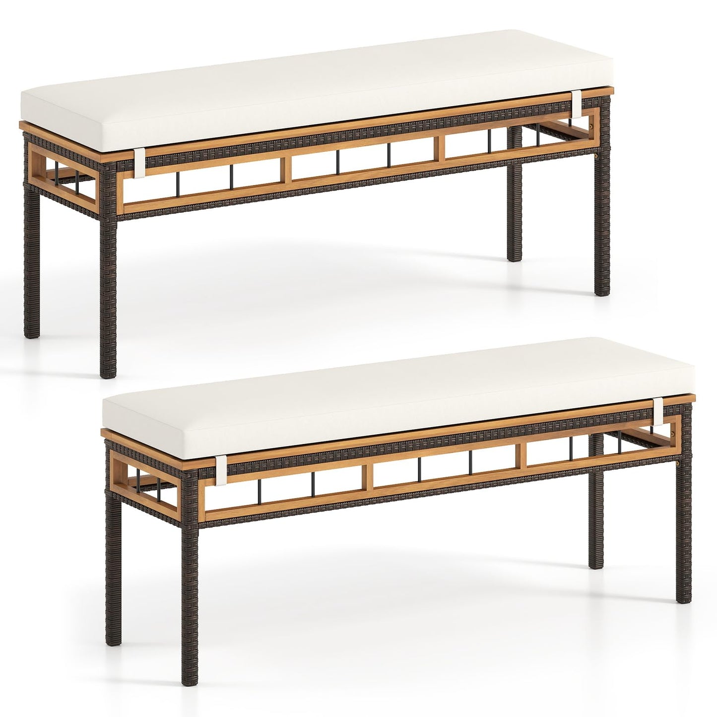 Tangkula Outdoor Wicker Bench with Removable Padded Cushion