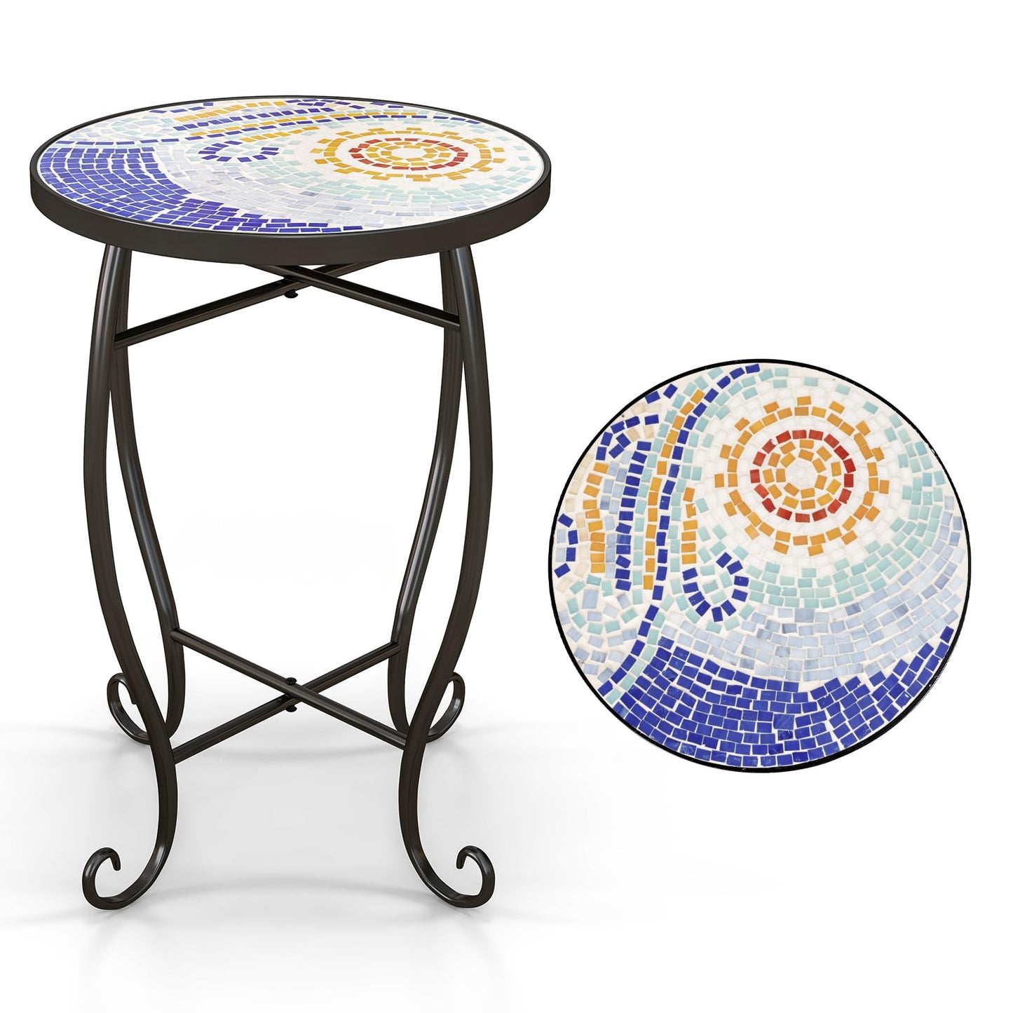 Tangkula Outdoor Side Table w/Ceramic Tile Top & Metal Frame