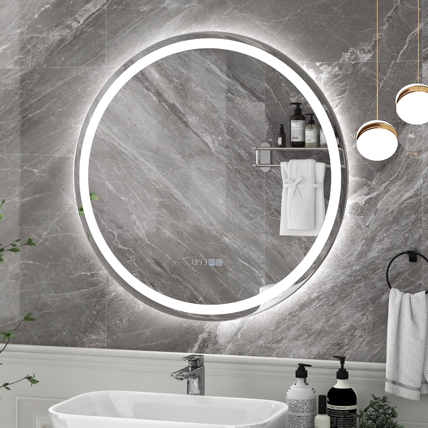 Tangkula LED Bathroom Mirror, Wall Mounted Round Mirror w/ 3-Color Dimmable Lights
