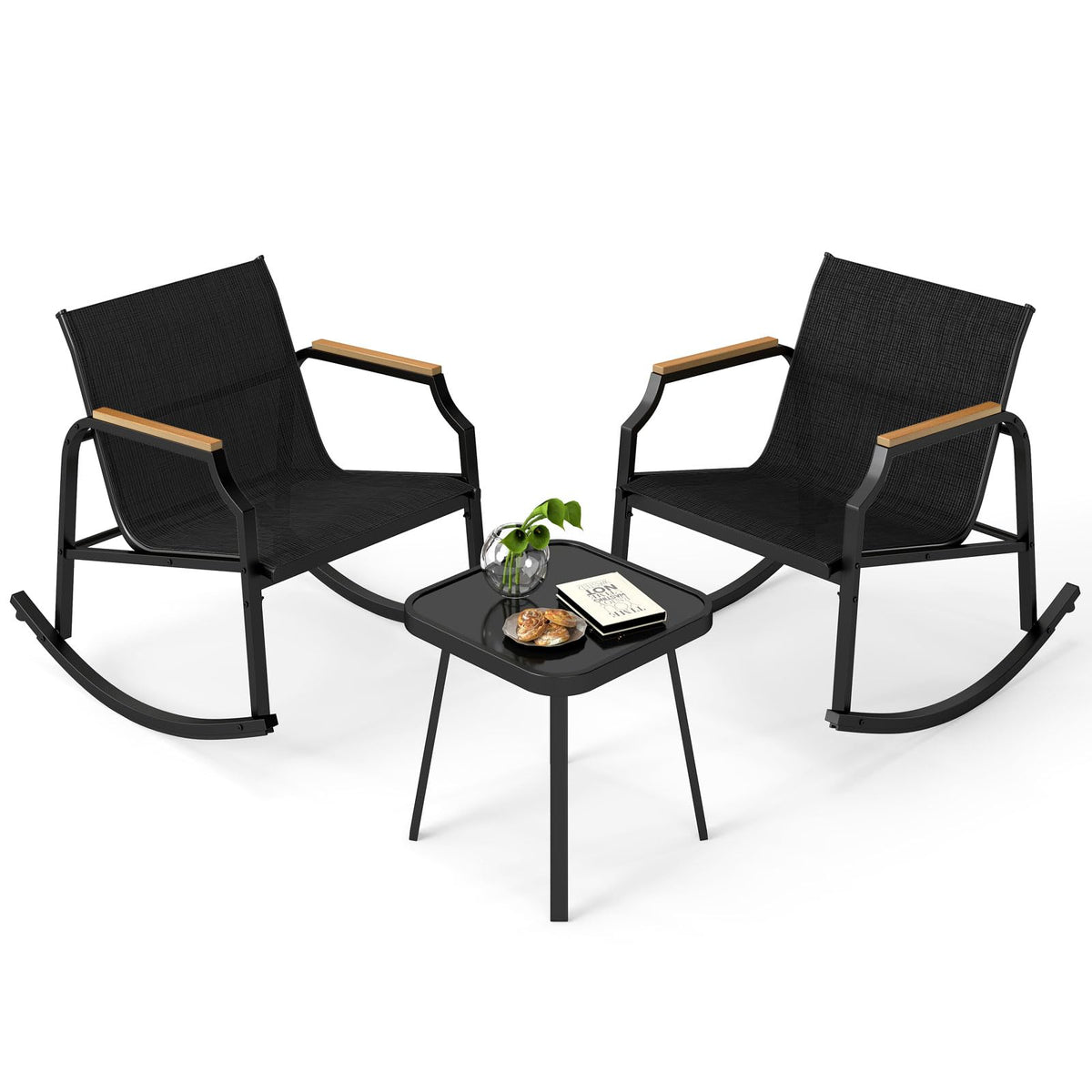 Tangkula 3 Piece Patio Rocking Bistro Set with Tempered Glass Coffee Table