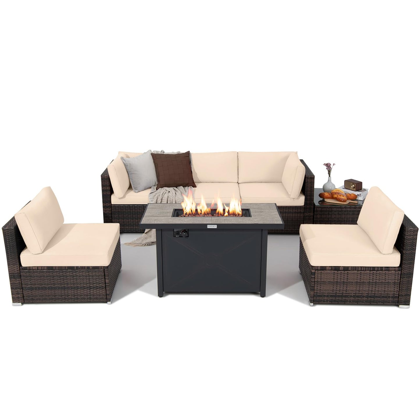 Tangkula 7 Piece Patio Furniture Set with Fire Pit Table, Includes 42 Inches 60,000 BTU Propane Rectangle Fire Pit Table