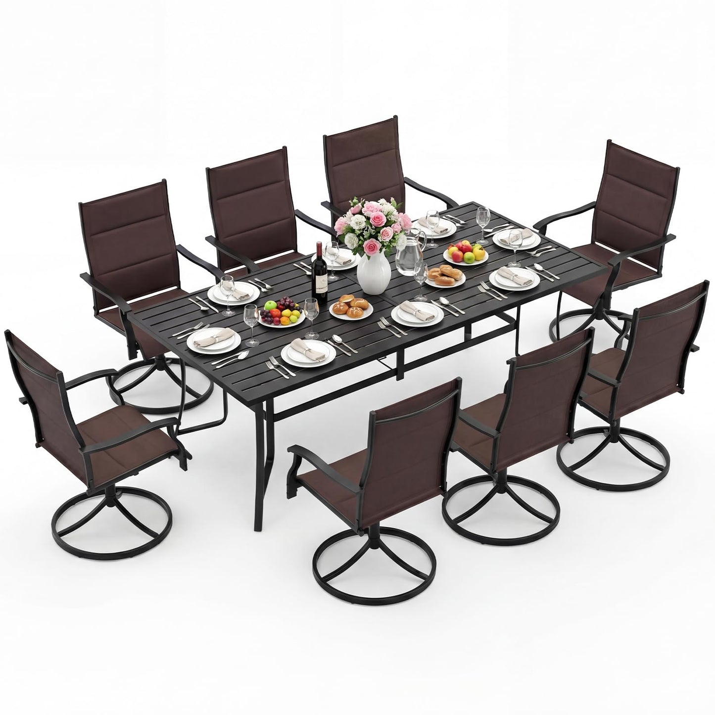 Tangkula 76” Rectangular Patio Table with Umbrella Hole and 8 Swivel Chairs with Heavy-Duty Metal Frame