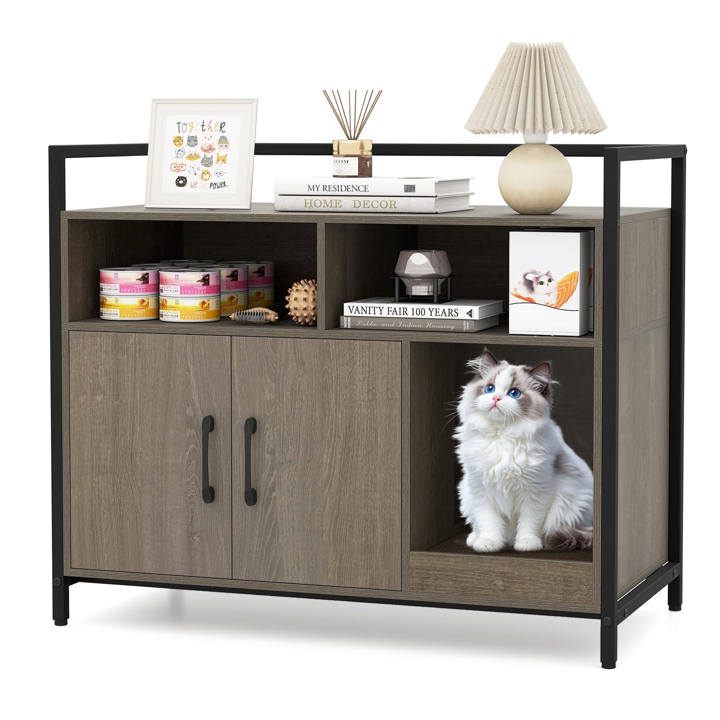 Meuble Cache-Litière Tangkula avec 2 Compartiments de Rangement pour Chatons d'Intérieur