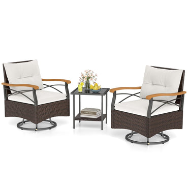 Tangkula 3 Piece Outdoor Swivel Chair Set with 2 Tier Tempered Glass Side Table