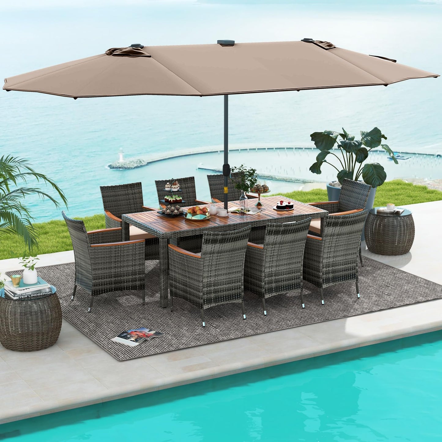 Tangkula 11 Pieces Patio Dining Set with 15ft Double-Sided LED Patio Umbrella (Base Included)
