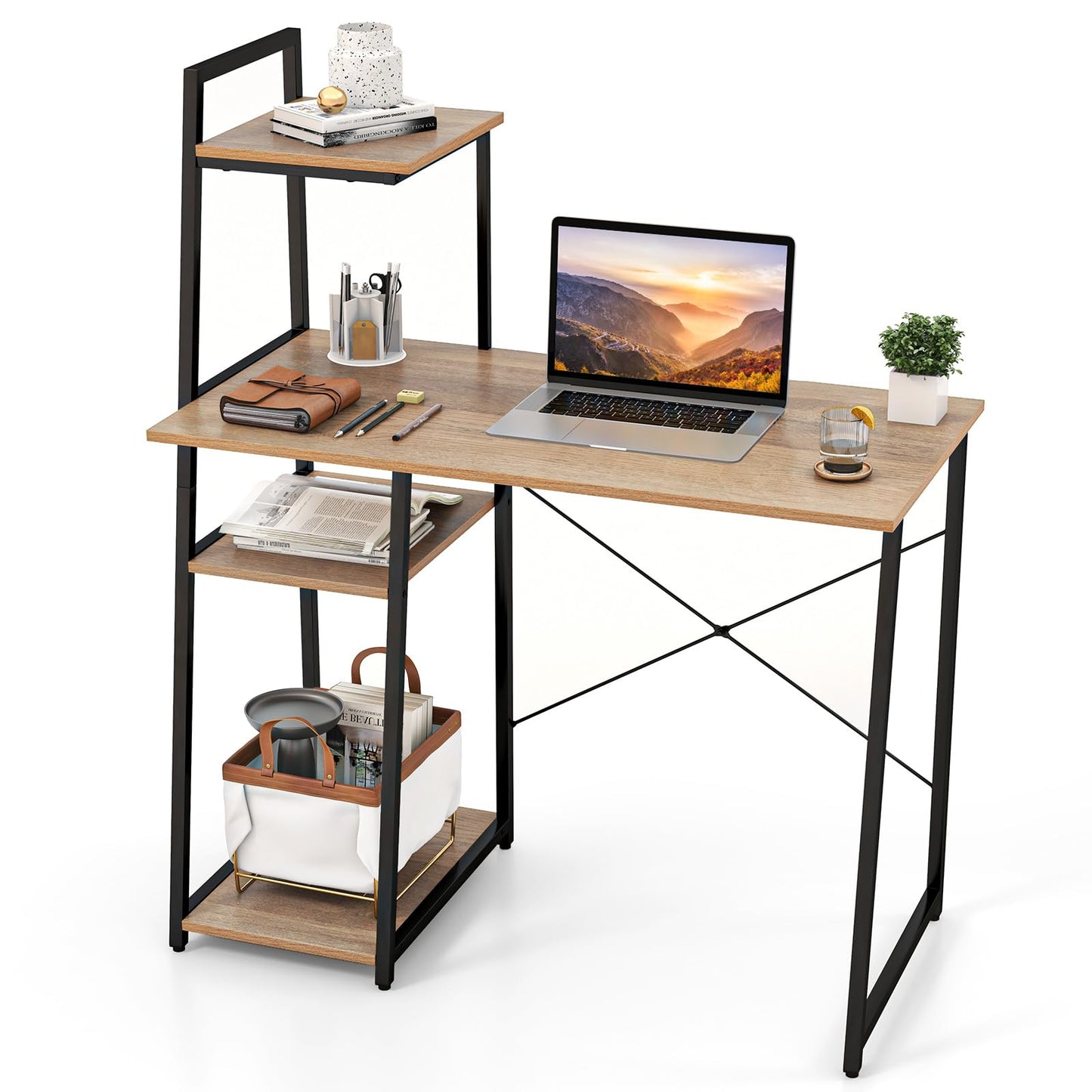 Tangkula Computer Desk with Shelves, Space Saving Home Office Desk with 3-Tier Ladder Shaped Storage Bookshelf