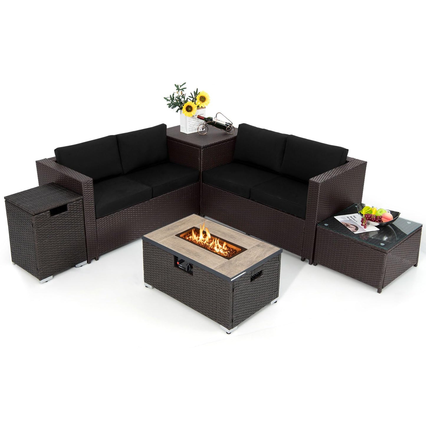 Ensemble de meubles de patio en osier Tangkula 6 pièces avec table de foyer au propane de 81 cm et support de réservoir