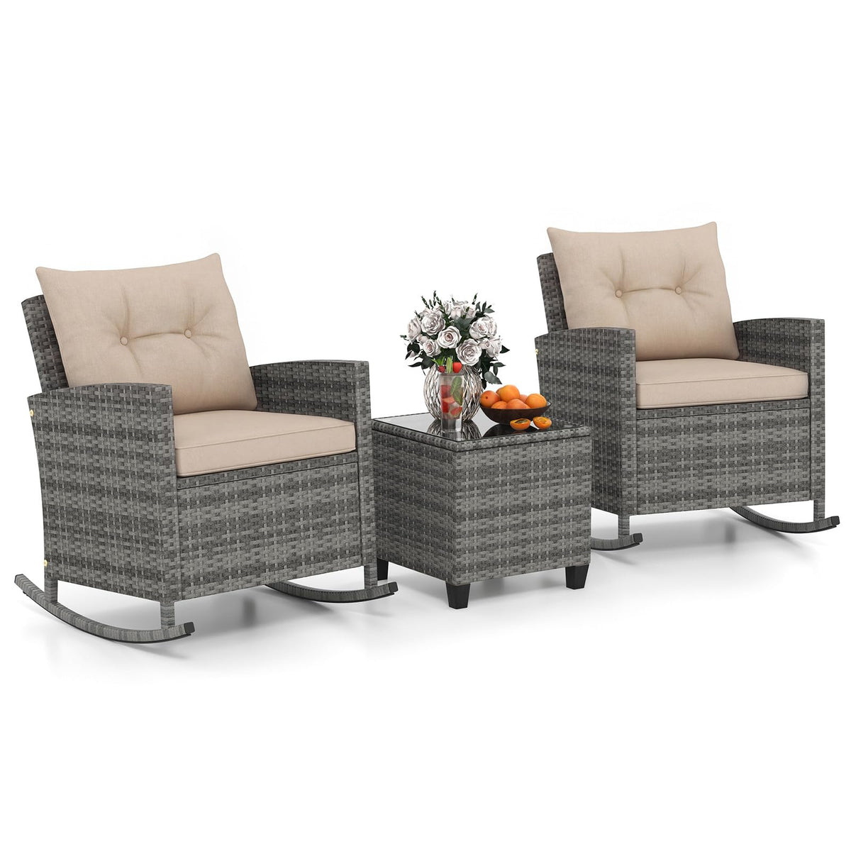 Tangkula 3 Piece Wicker Rocking Set, Patio Rattan Roker Chairs with Tempered Glass Table & Soft Cushions