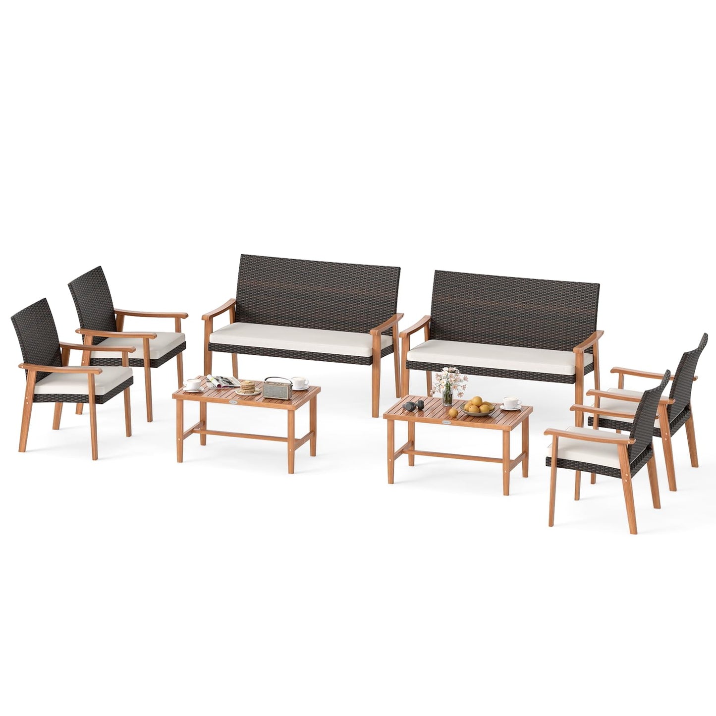 Chaises de conversation extérieures rembourrées en rotin PE Tangkula avec table basse en bois d'acacia