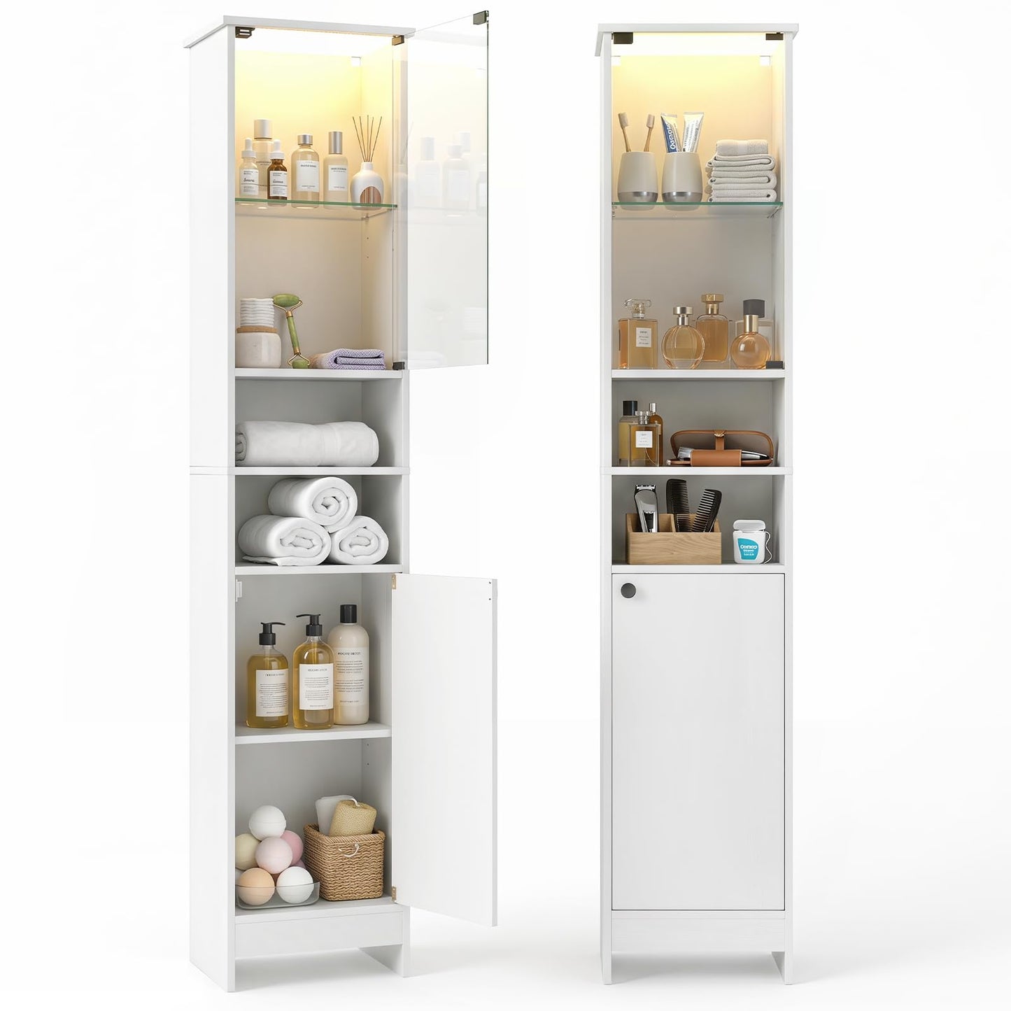 Tangkula Tall Bathroom Storage Cabinet with Lights and Remote