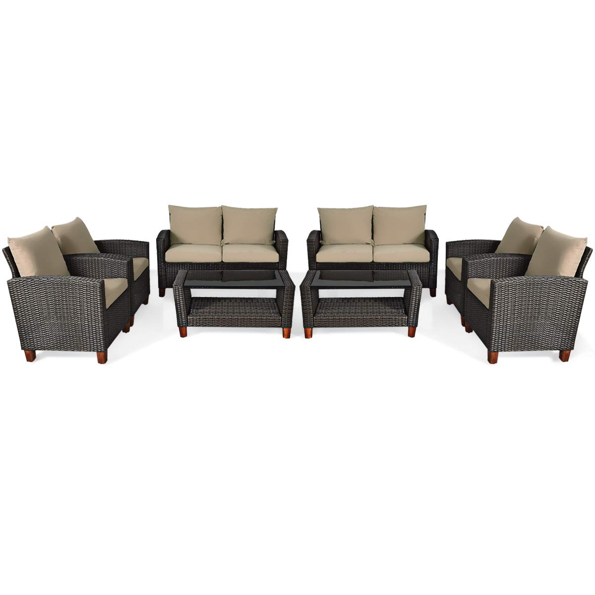 Tangkula Patio Rattan Furniture Set with Tempered Glass Coffee Table for Porch