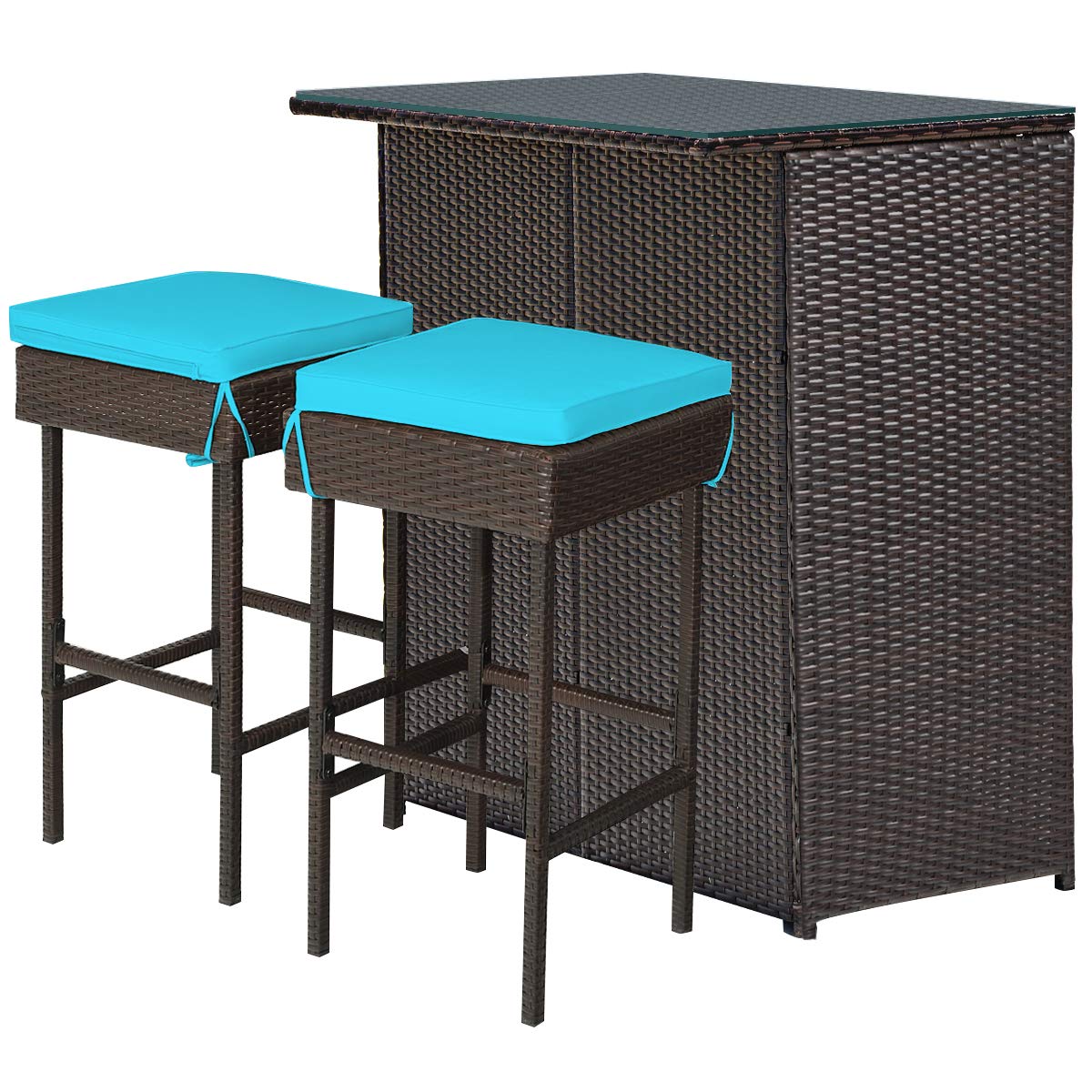 Tangkula Patio Bar Set, 3 Piece Outdoor Rattan Wicker Bar Set with 2 Cushions Stools & Glass Top Table