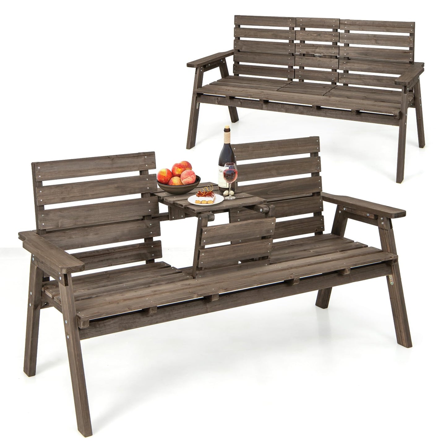Tangkula Outdoor Fir Wood Bench with Foldable Middle Table