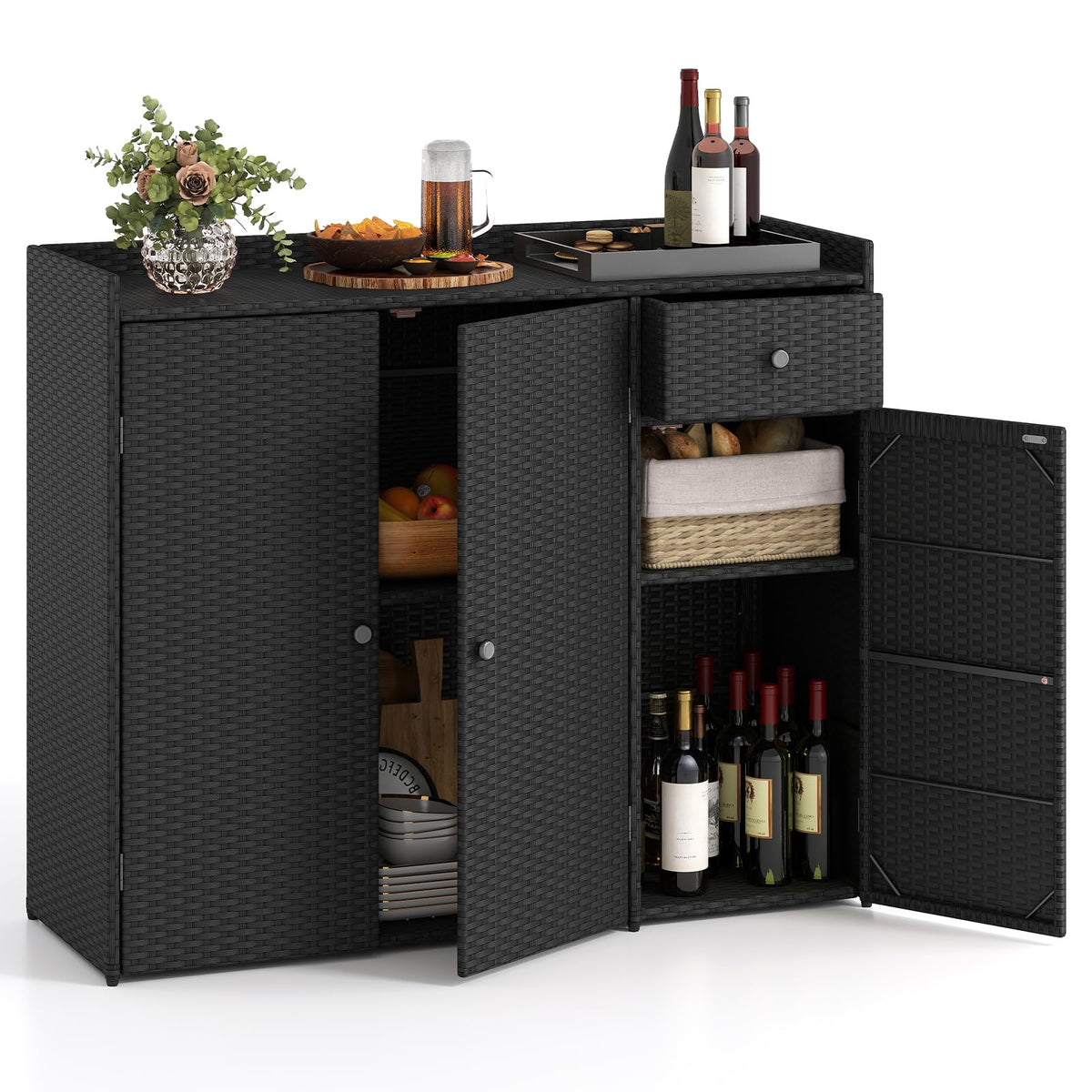 Tangkula Rattan Outdoor Storage Cabinet with 2 Adjustable Shelves
