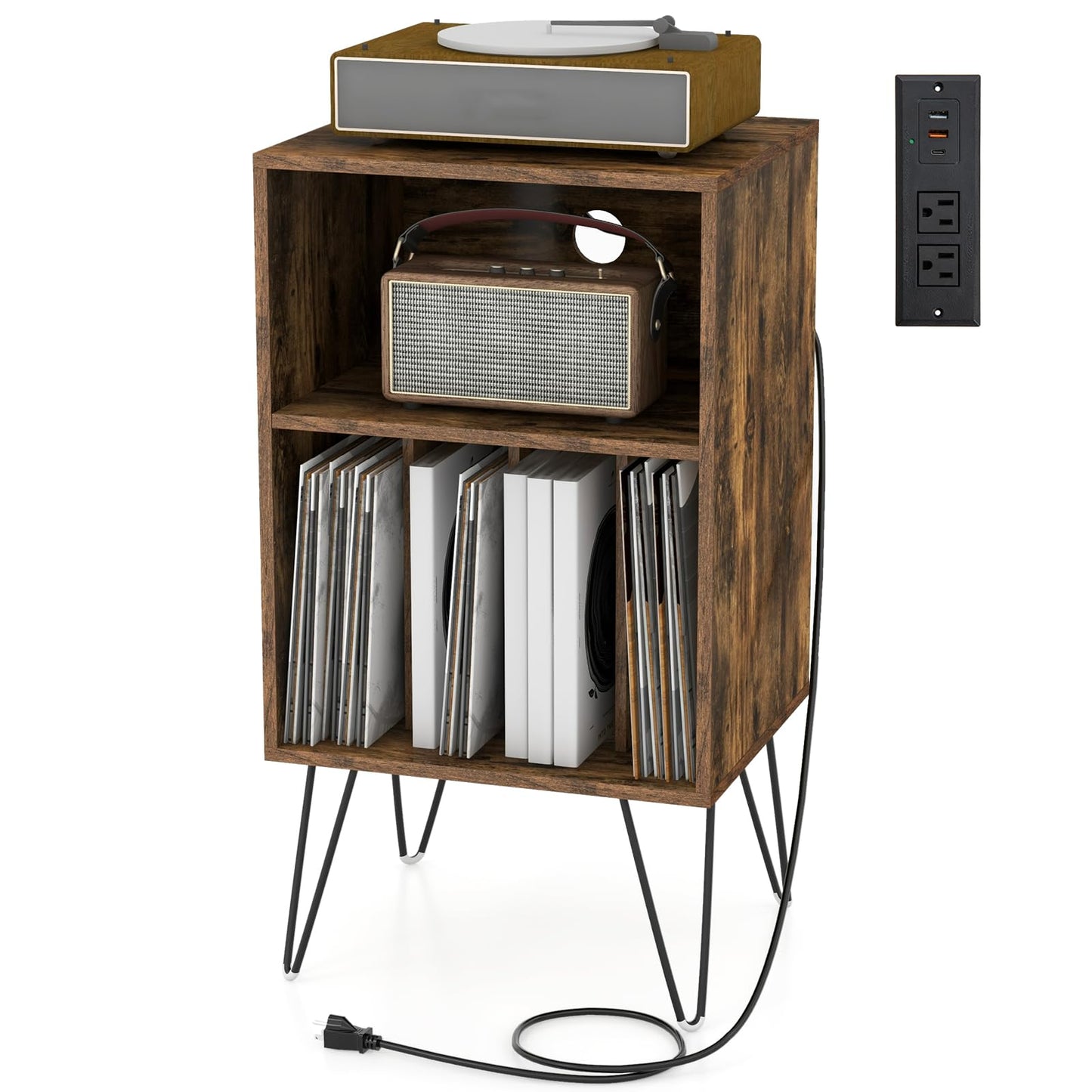 Tangkula Record Player Stand with Charging Station, Turntable Stand with Metal Legs, Vinyl Record Storage Cabinet
