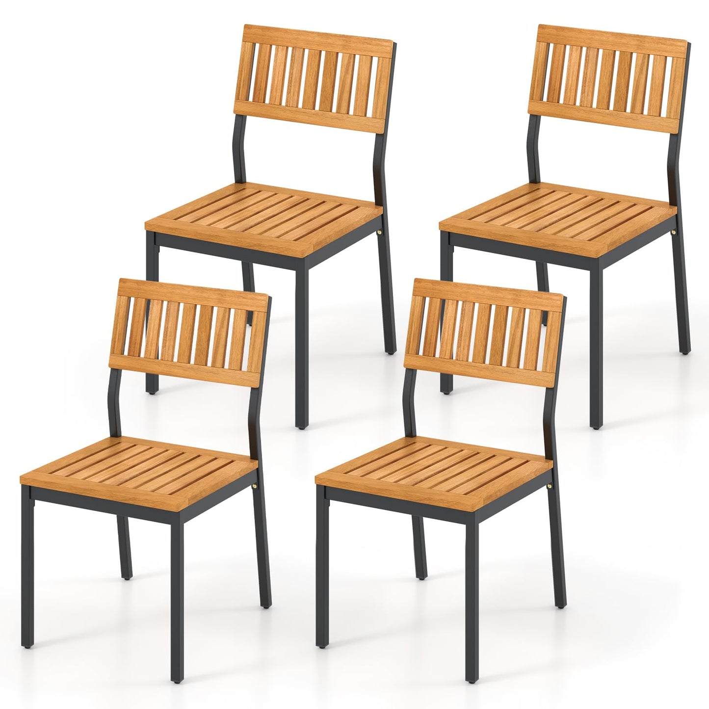 Tangkula Lot de 2/4 chaises de salle à manger de terrasse, chaises d'extérieur sans accoudoirs avec cadre en métal et bois d'acacia