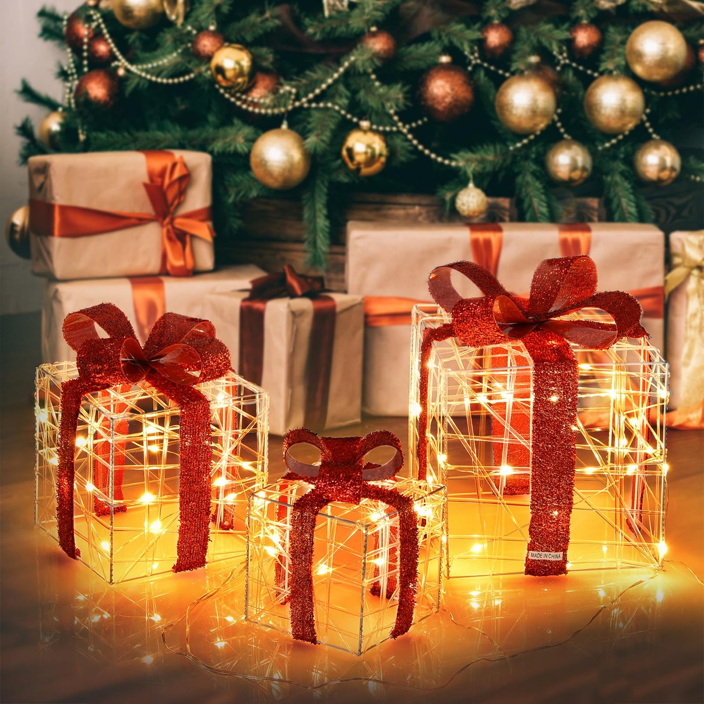 Tangkula Set of 3 Christmas Lighted Gift Boxes